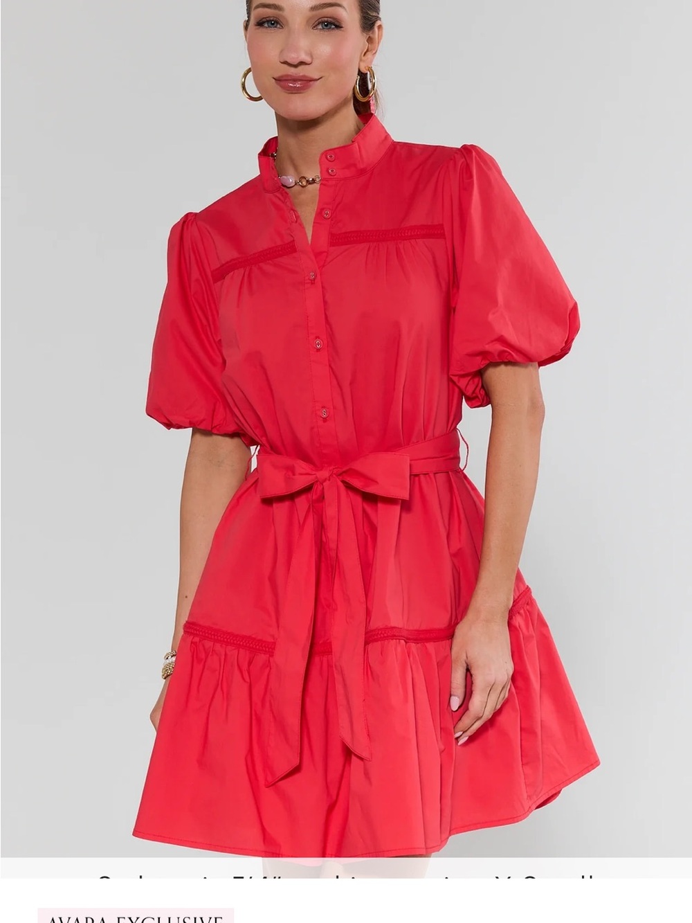 Avara JaneTie-Waist Puff Sleeve Mini Dress in Red
